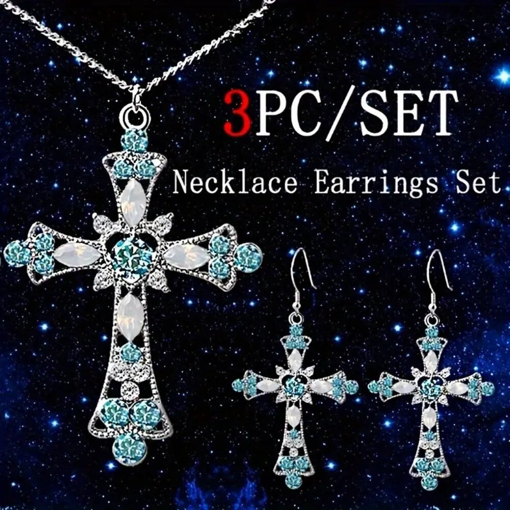 Silver-Tone Cross Necklace and Earring Set - New